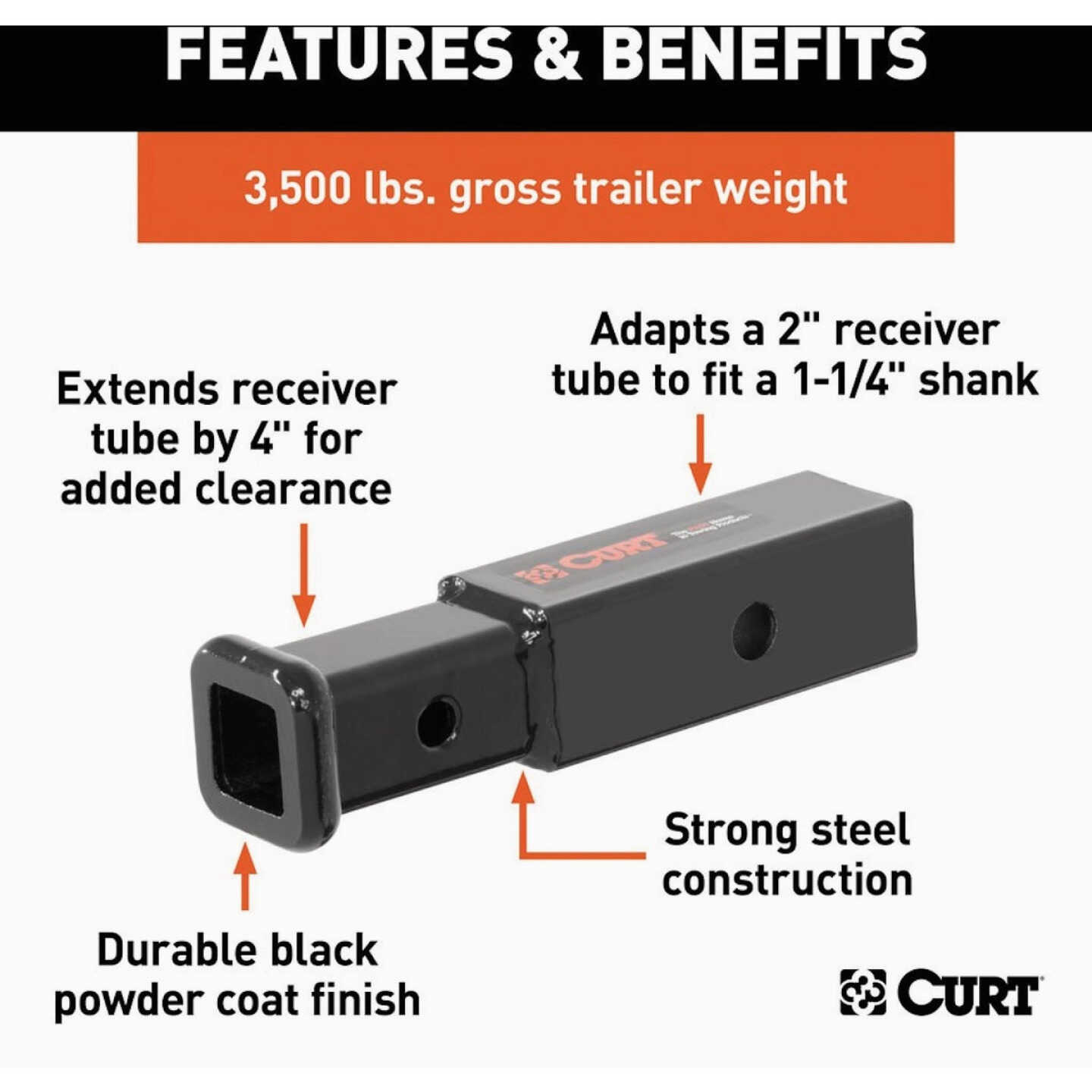 CURT 2 In. to 1-1/4 In. 4 In. Extension Trailer Hitch Receiver Adapter, 3,500 lbs Image 4
