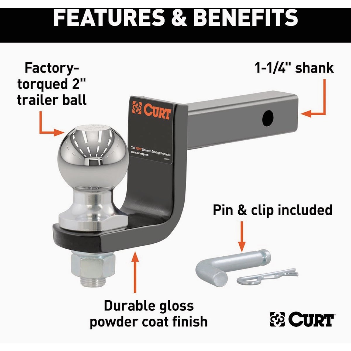CURT Trailer Hitch Mount + 2 In. Ball & Pin, Fits 1-1/4 In. Receiver, 3500 Lb. Capacity Image 4