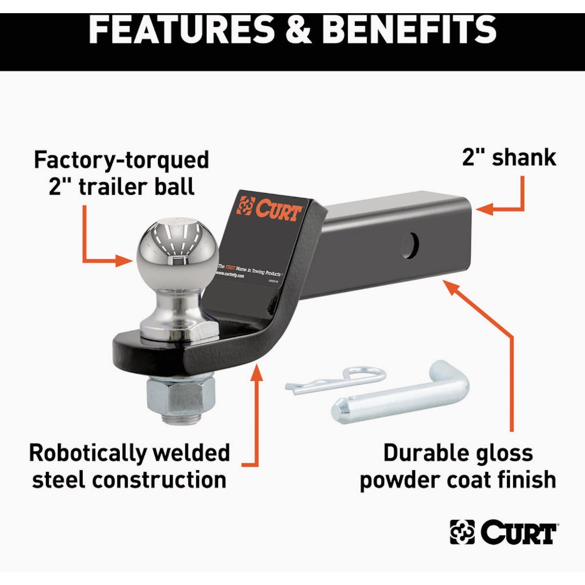 CURT Trailer Hitch Mount + 2 In. Ball & Pin, Fits 2 In. Receiver, 7500 Lb. Capacity Image 4