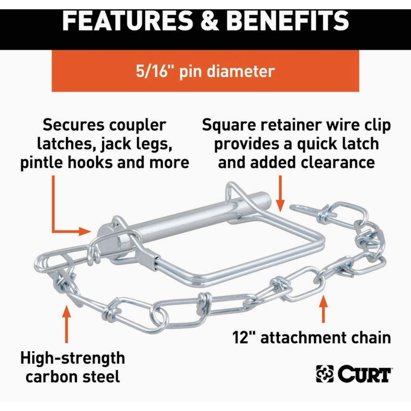 CURT 5/16 In. Trailer Coupler Pin with 12 In. Chain Image 3