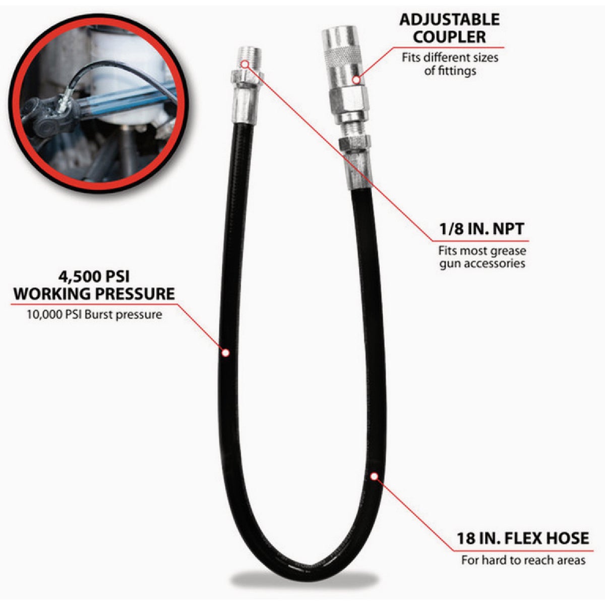 Performance Tool 18 In. Grease Gun Flex Hose Image 2