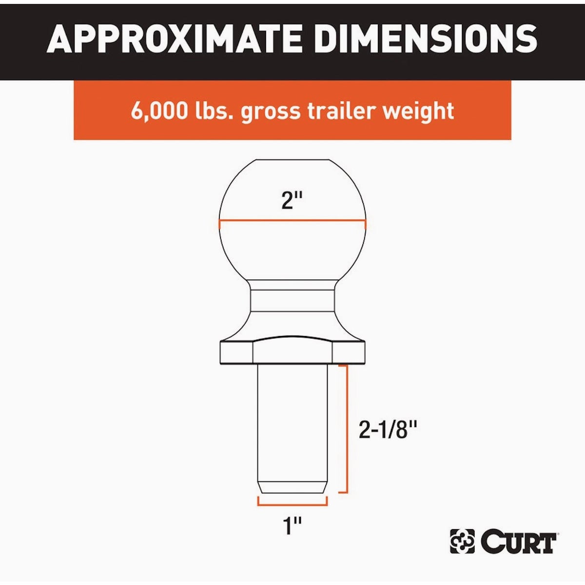 CURT 2 In. Dia. 1 In. x 2-1/8 In. Shank Chrome Trailer Ball, 6,000 Lb. Image 2