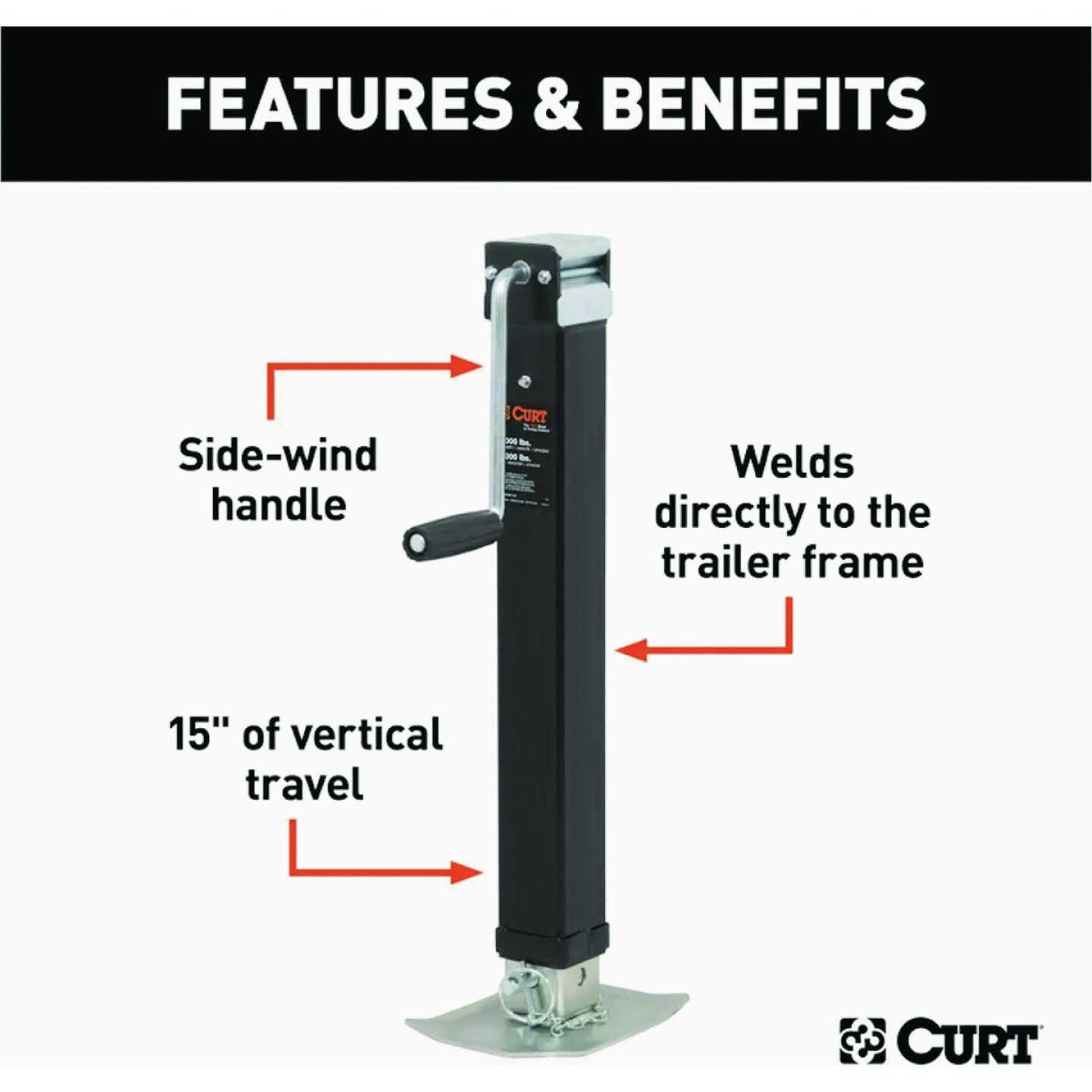Curt 8,000 Lb. Direct-Weld Square Jack With Side Handle, 15 In. Travel Image 2