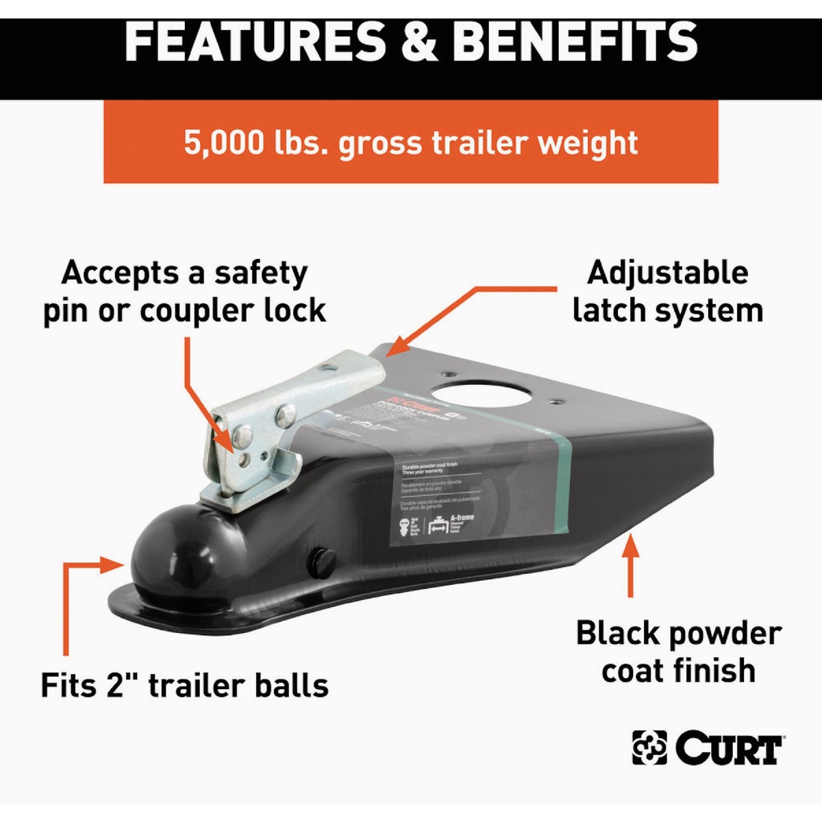 Curt Black A-Frame Trailer Coupler, 2 In. Hitch Ball, 5,000 Lb. Strength Image 3