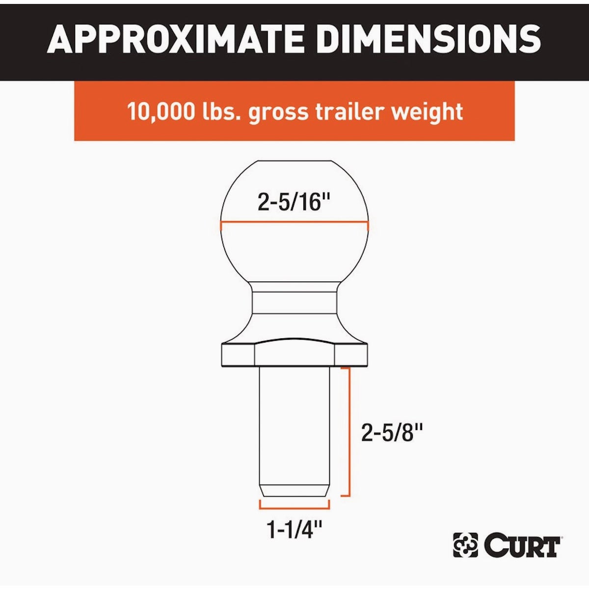 CURT 2-5/16 In. Dia. 1-1/4 In. x 2-5/8 In. Shank Chrome Trailer Ball, 10,000 Lb. Image 2