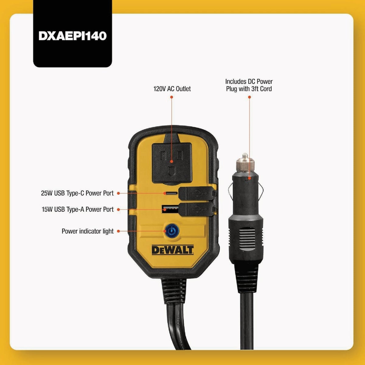 DEWALT 140W Power Inverter with USB Ports Image 2