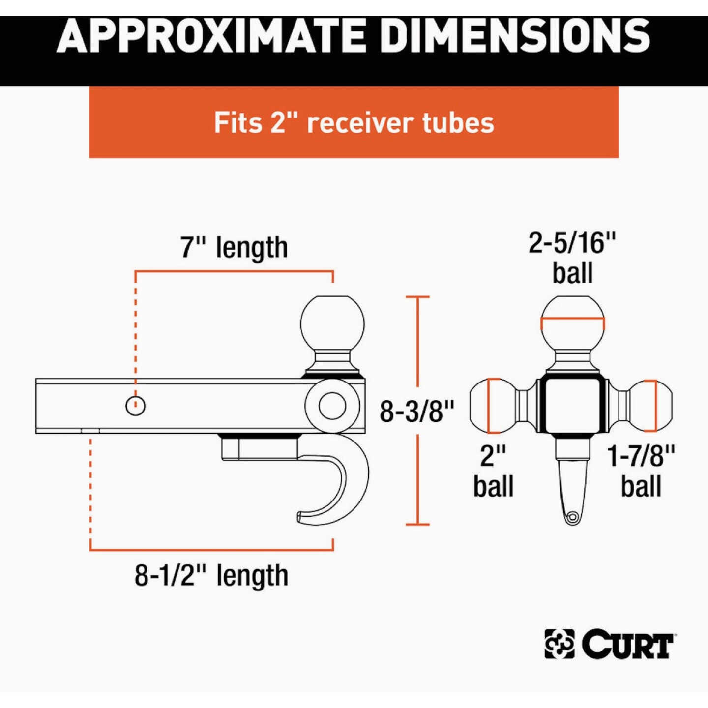 CURT 2 In. Hollow Shank 1-7/8 In., 2 In., & 2-5/16 In. Chrome Multi-Ball Mount Image 2