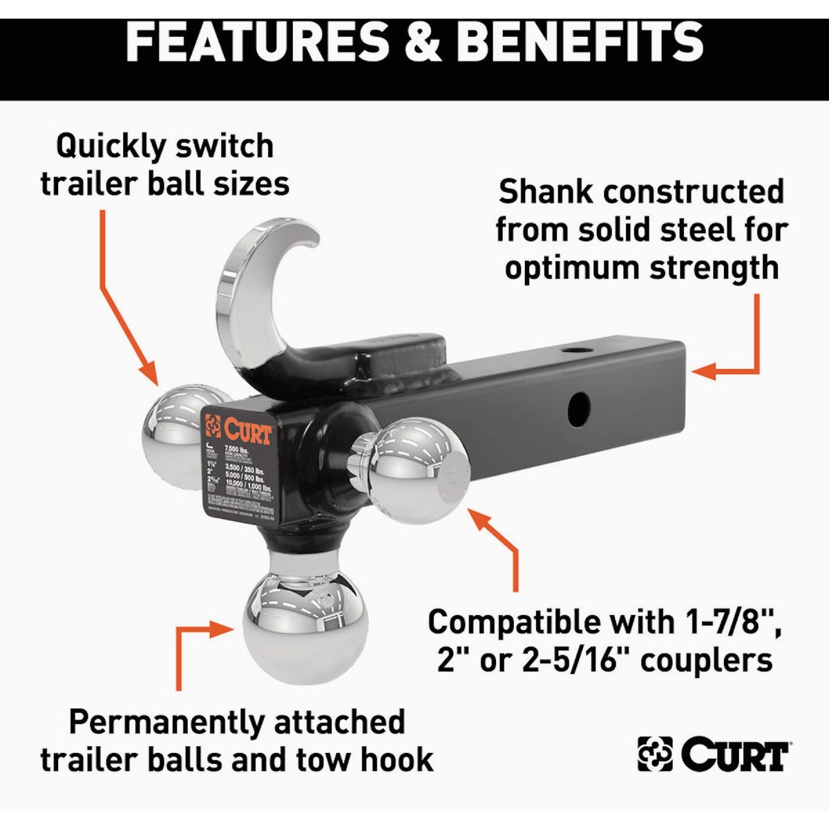 CURT 2 In. Hollow Shank 1-7/8 In., 2 In., & 2-5/16 In. Chrome Multi-Ball Mount Image 3