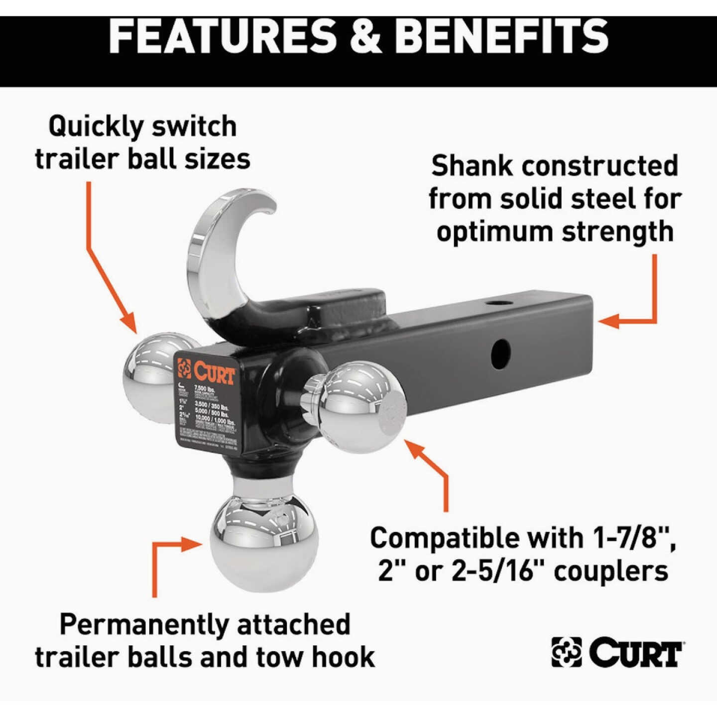CURT 2 In. Hollow Shank 1-7/8 In., 2 In., & 2-5/16 In. Chrome Multi-Ball Mount Image 3