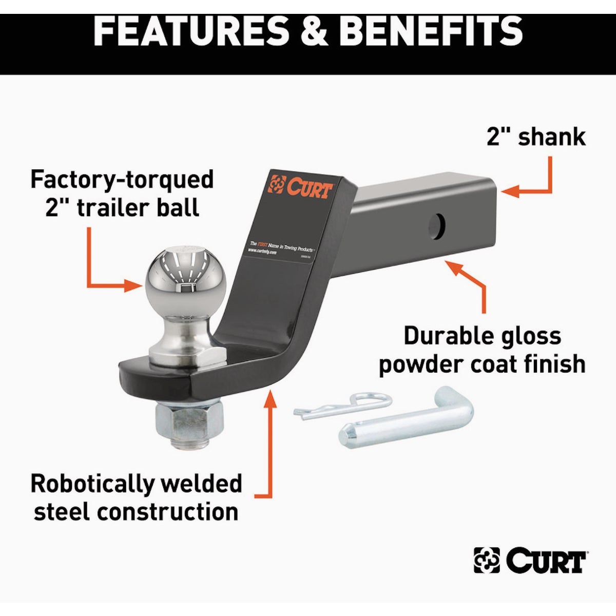 CURT Trailer Hitch Mount + 2 In. Ball & Pin, Fits 2 In. Receiver, 7500 Lb. Capacity Image 4