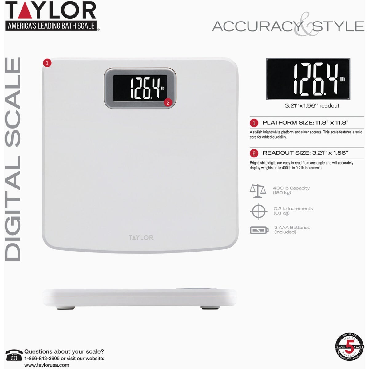 Taylor Digital 400 Lb. Glass Bath Scale, White