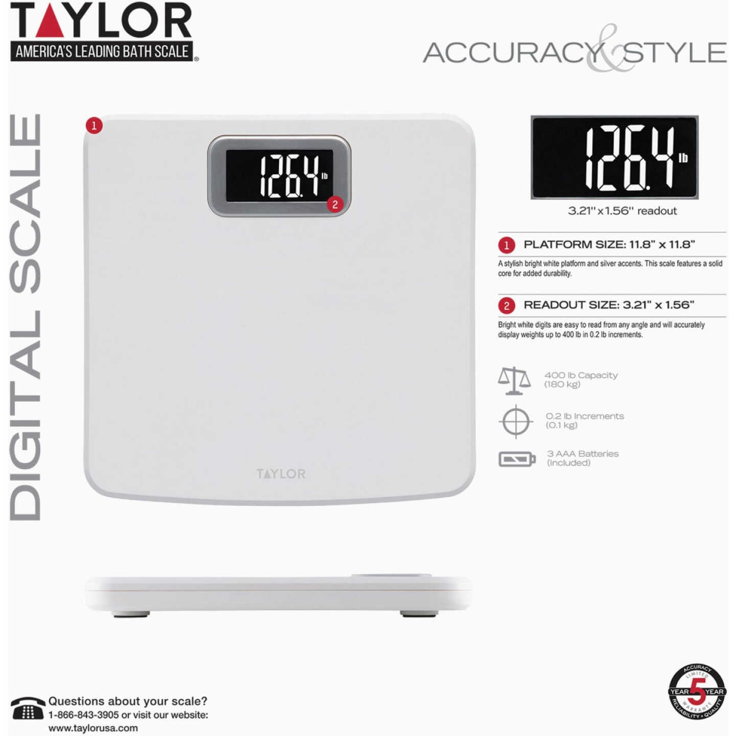 Taylor Digital 400 Lb. Glass Bath Scale, White Image 1