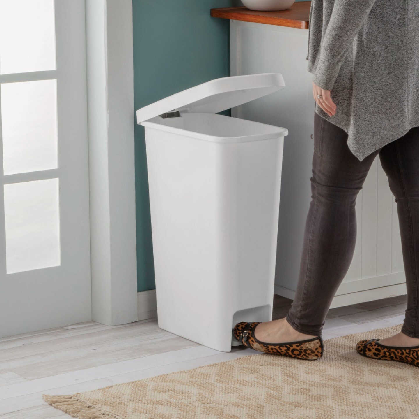 Sterilite 11 Gal. White Slim Step-On Wastebasket Image 2