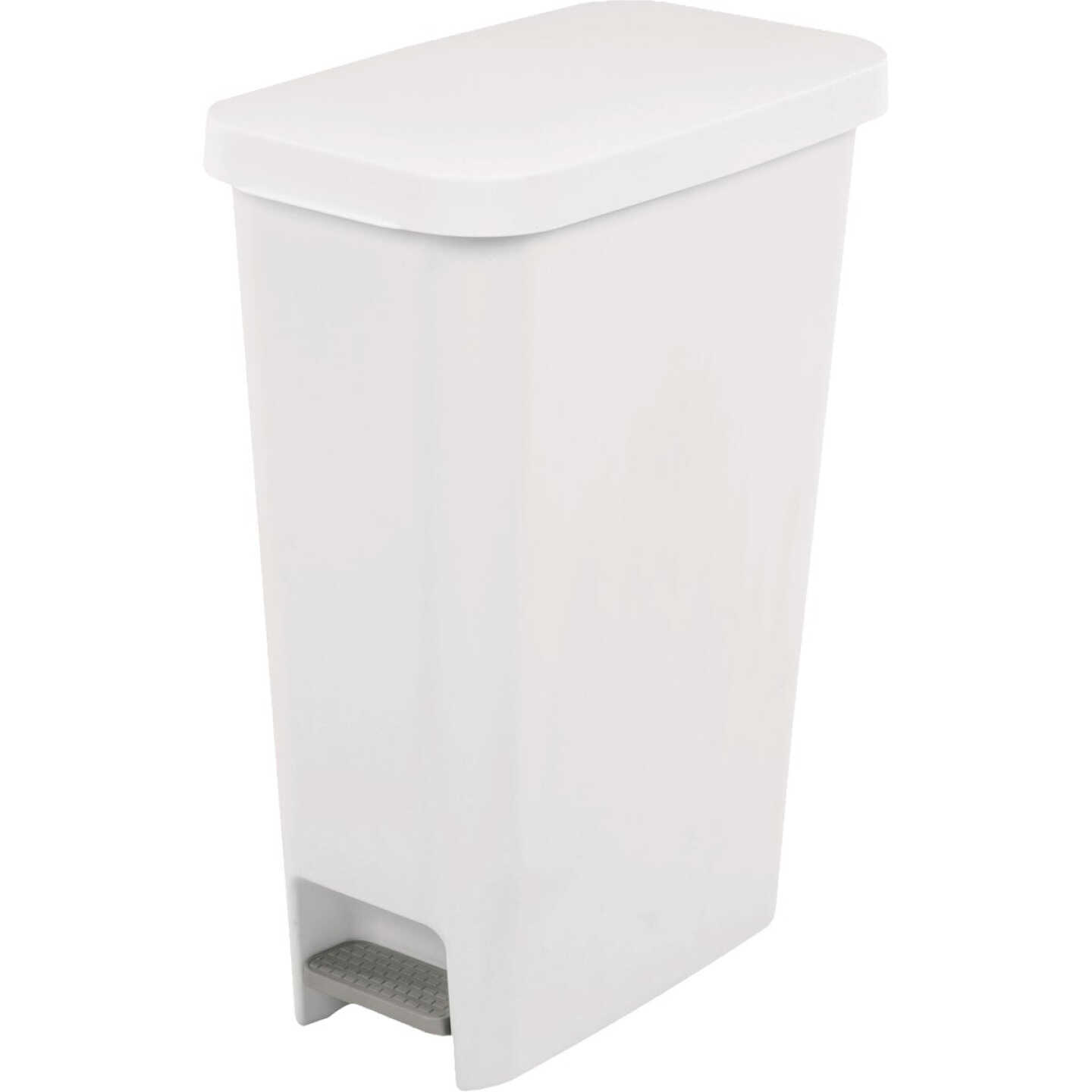 Sterilite 11 Gal. White Slim Step-On Wastebasket Image 1