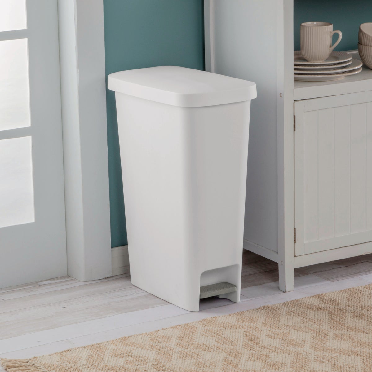 Sterilite 11 Gal. White Slim Step-On Wastebasket Image 3