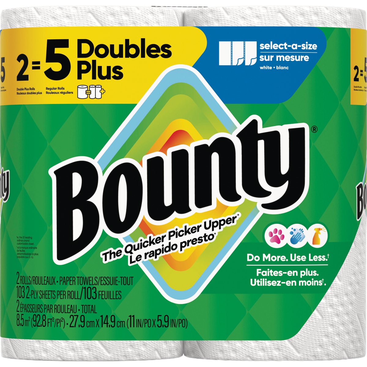 Bounty Paper Towels Select-A-Size White, 2 Double Plus Rolls, 103 Sheets Per Roll