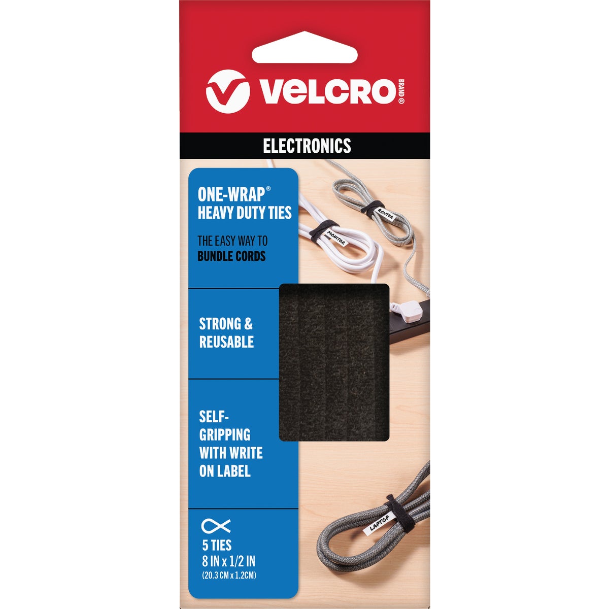 VELCRO Brand One-Wrap 1/2 In. x 8 In. Black Hook & Loop Tie (5-Count)