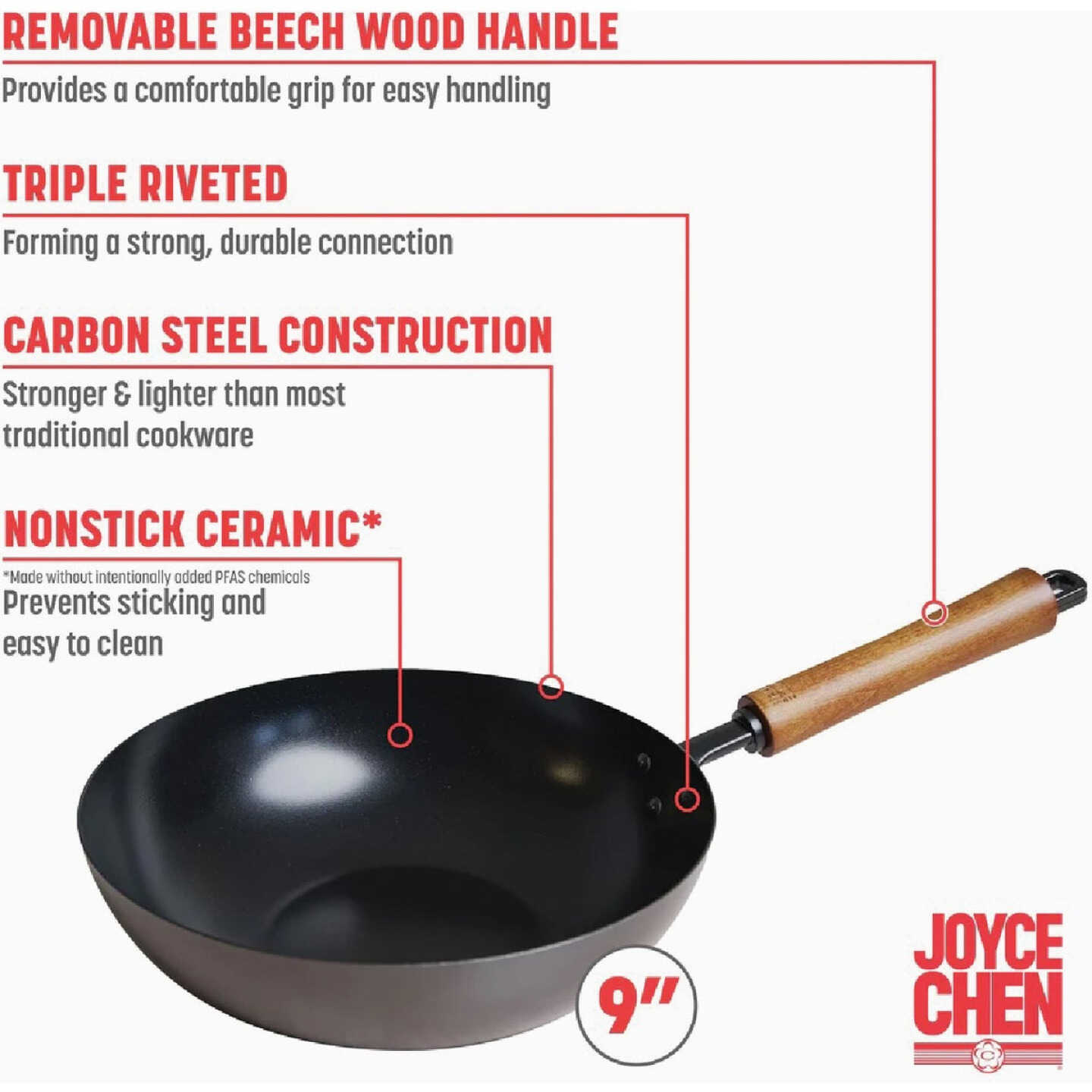 Joyce Chen Classic Series 9-1/2 In. Carbon Steel Ceramic Coated Nonstick Stir Fry Pan Image 2