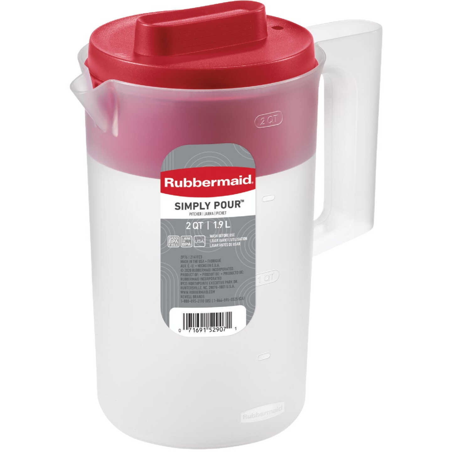Rubbermaid 2 Qt. Simply Pour Plastic Pitcher with Multi-Function Lid Image 1