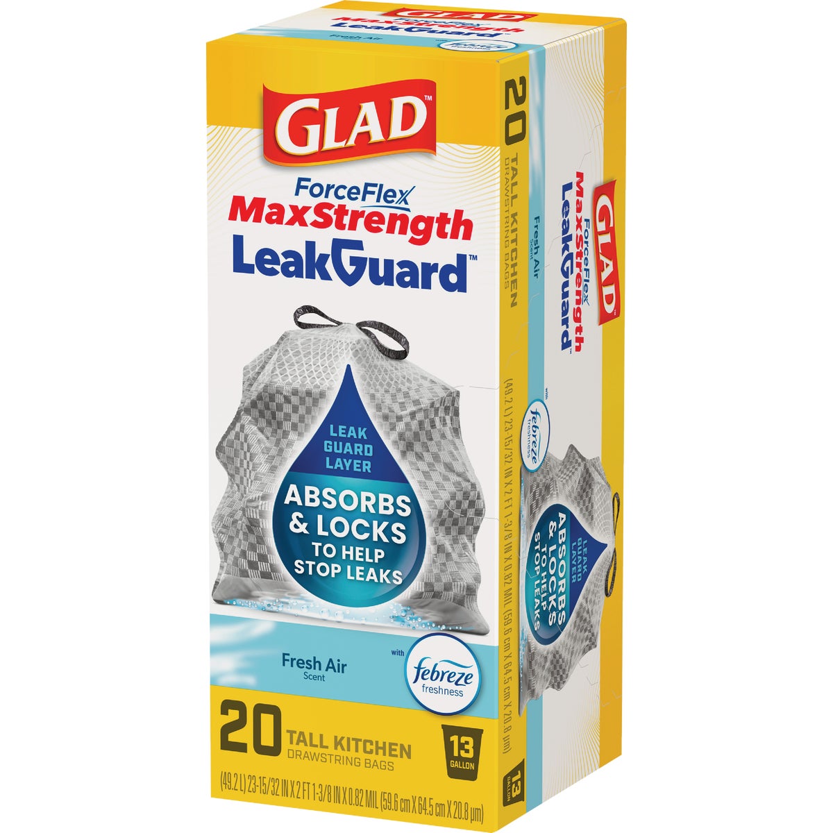 Glad 13 Gal. ForceFlex MaxStrength LeakGuard Tall Kitchen Drawstring Trash Bags, Fresh Air Scent (20-Count) Image 2