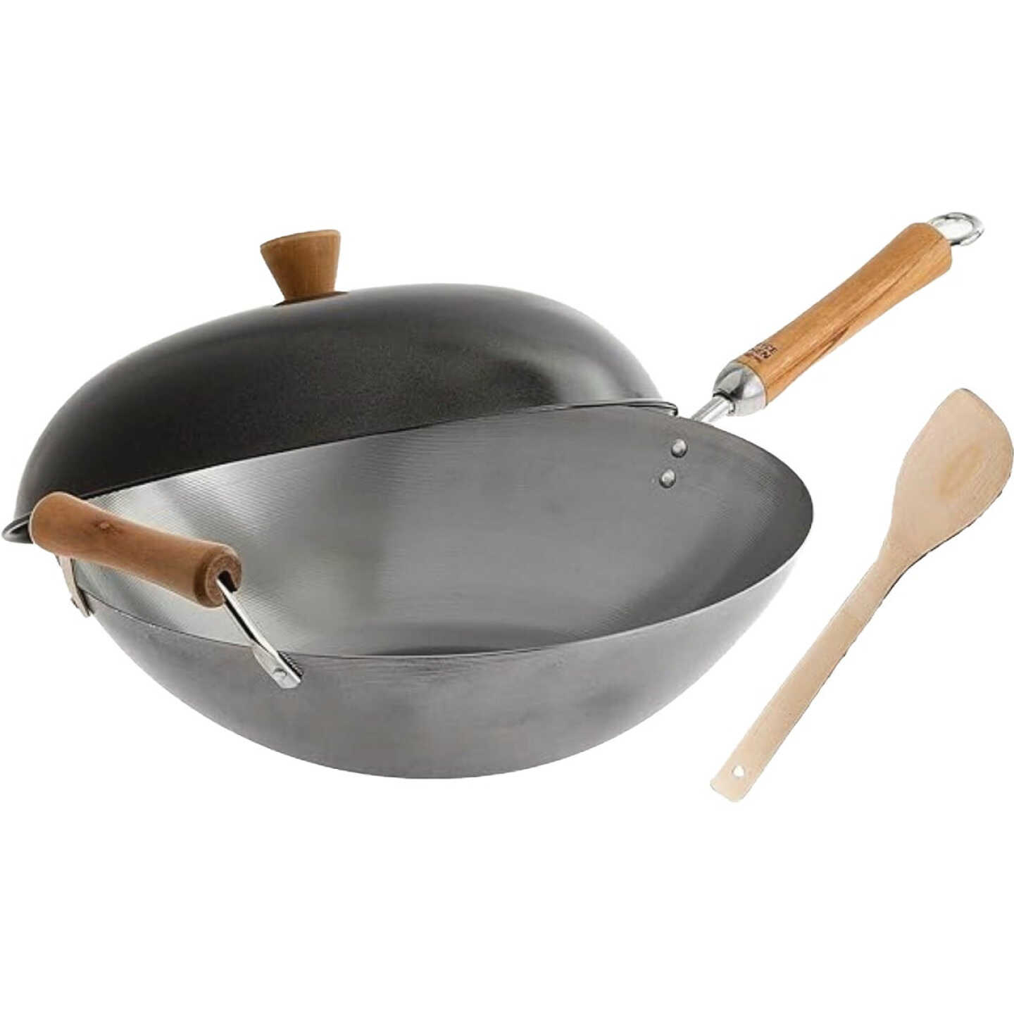 Joyce Chen Classic Series 14 In. Uncoated Carbon Steel Flat Bottom Wok Set with Lid and Birch Handles (4-Pc.) Image 1