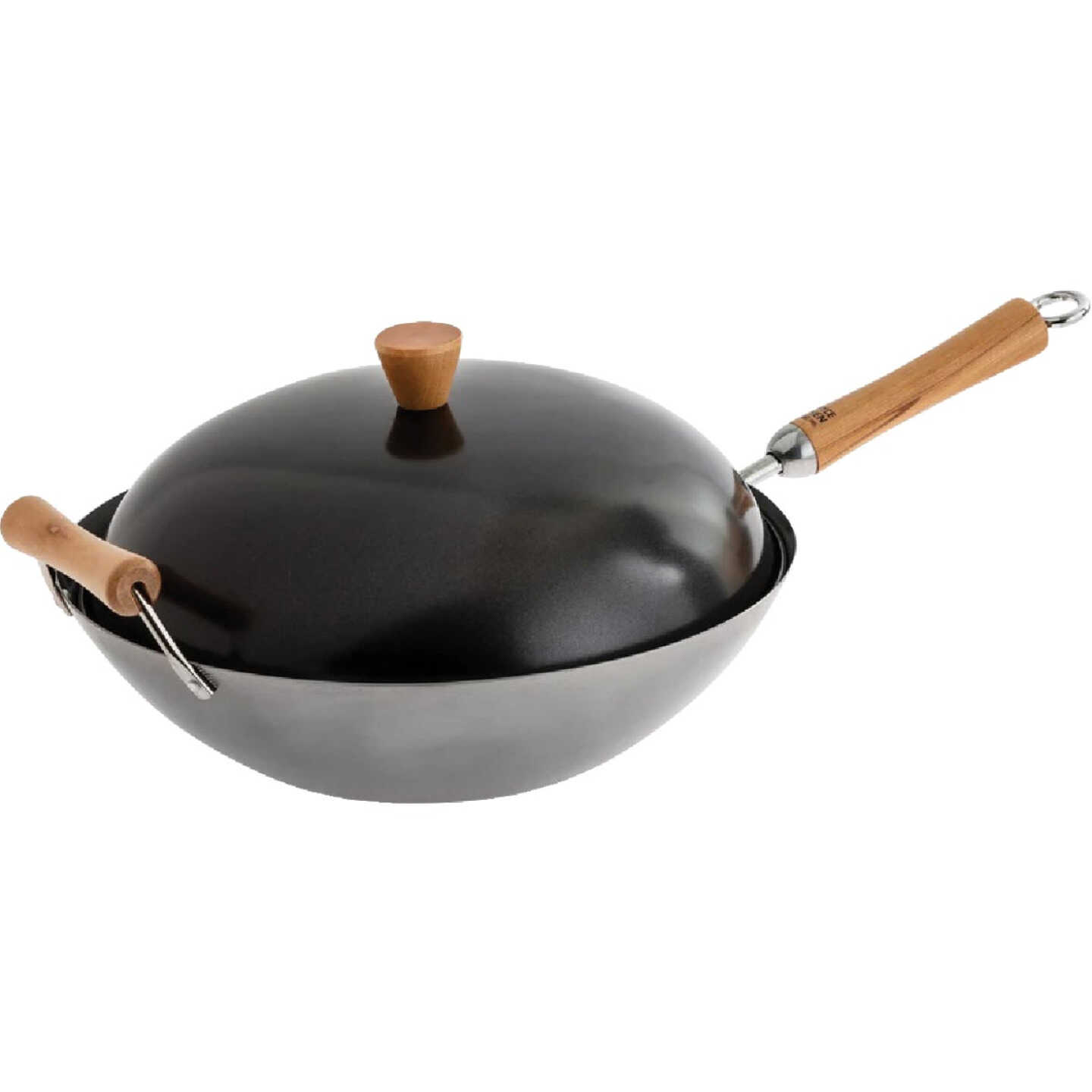 Joyce Chen Classic Series 14 In. Uncoated Carbon Steel Flat Bottom Wok Set with Lid and Birch Handles (4-Pc.) Image 5