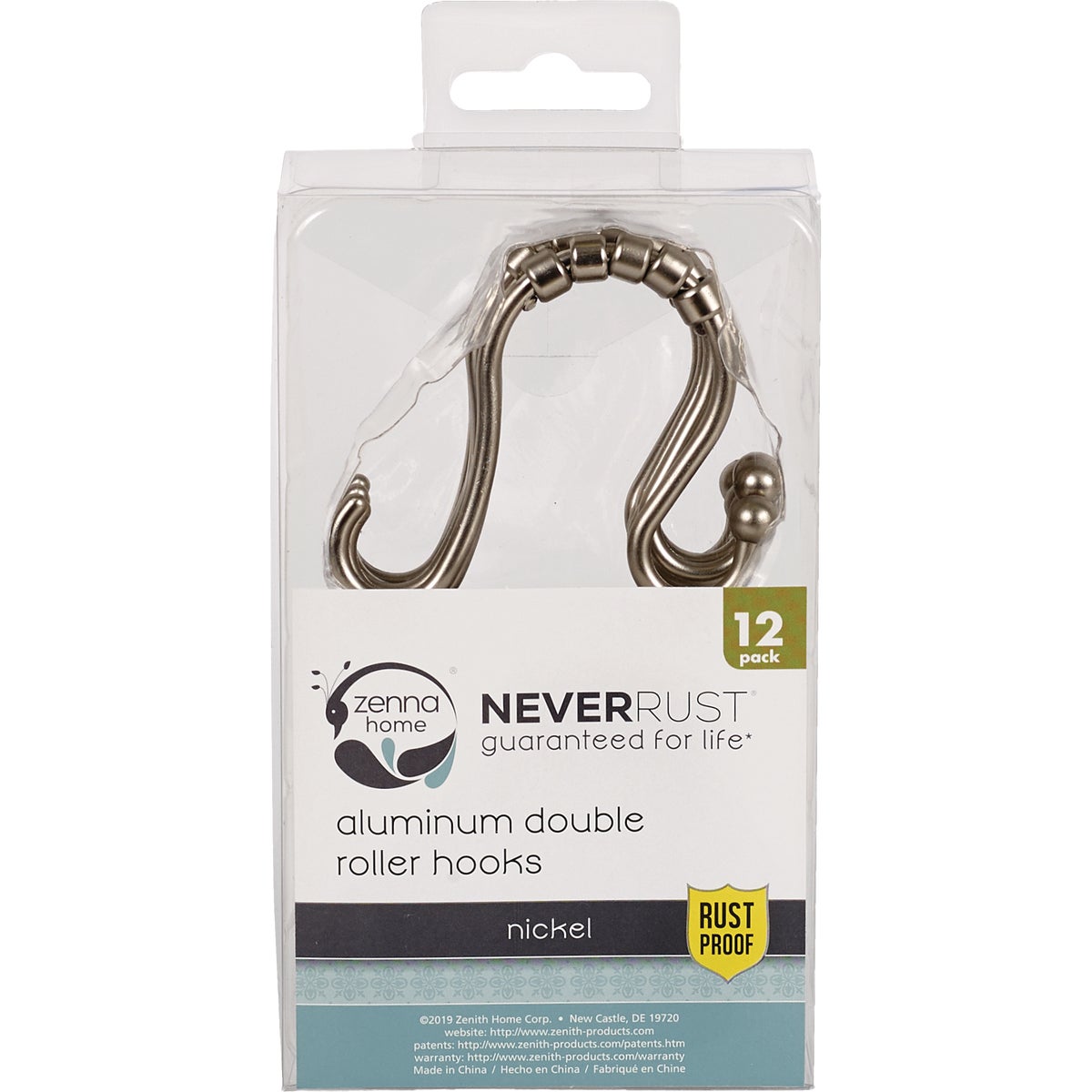 Zenna Home Rustproof Nickel Double Roller Shower Curtain Hooks (12-Count) Image 2