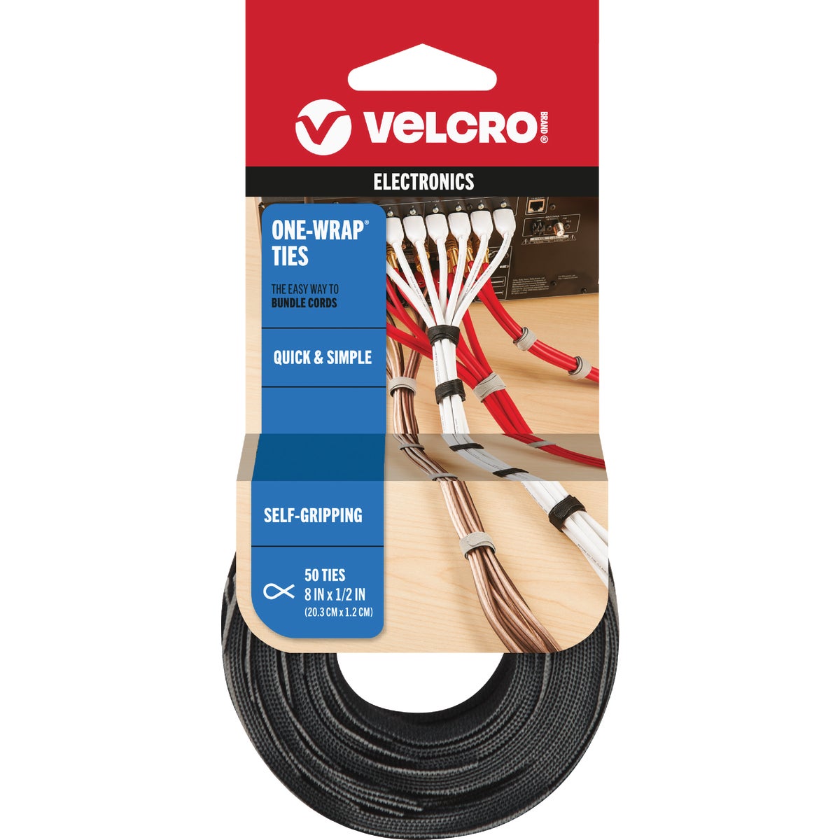 VELCRO Brand One-Wrap 1/2 In. x 8 In. Black Hook & Loop Tie (50-Count)
