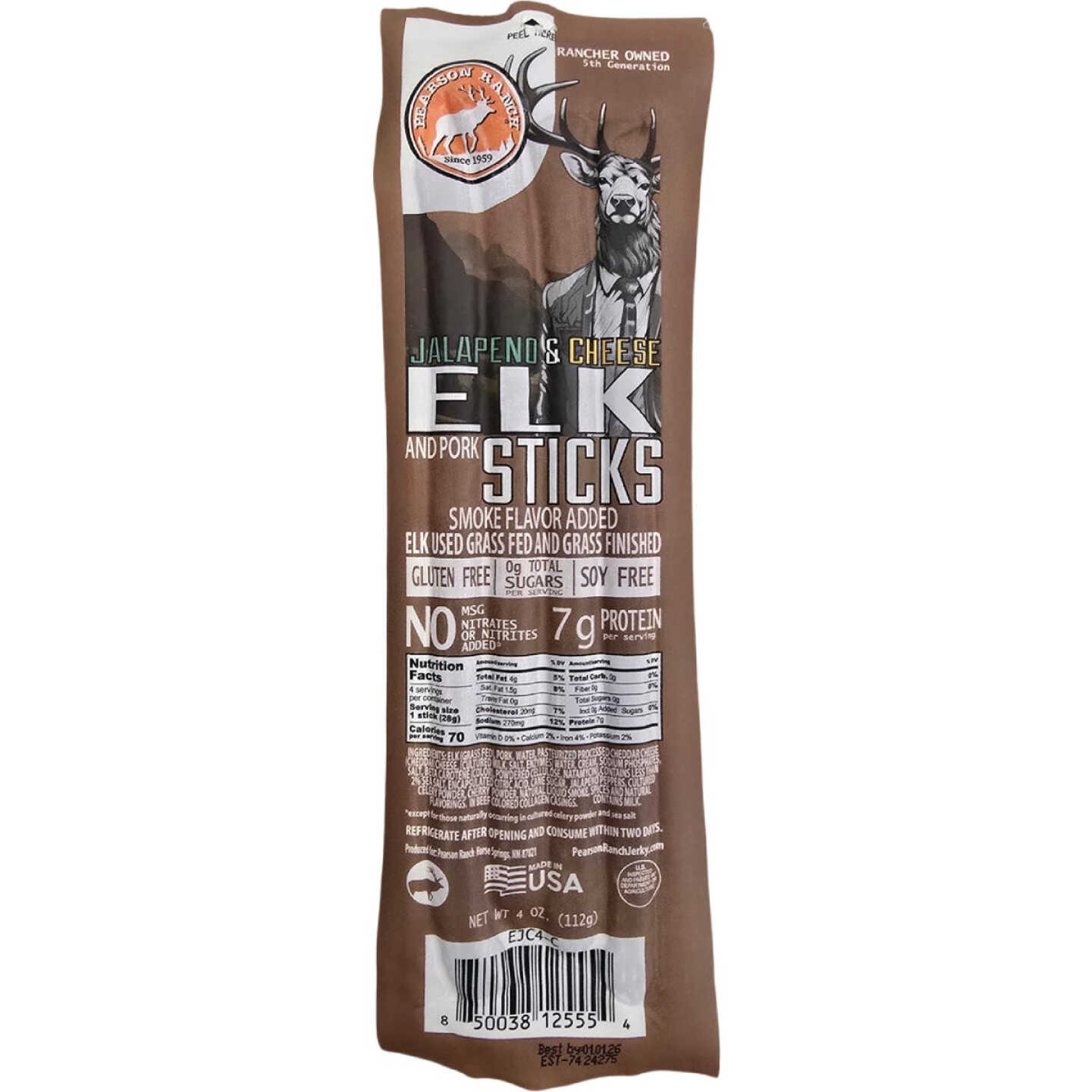 Pearson Ranch Jerky 4 Oz. Elk Jalapeno Cheese Snack Stick Image 1
