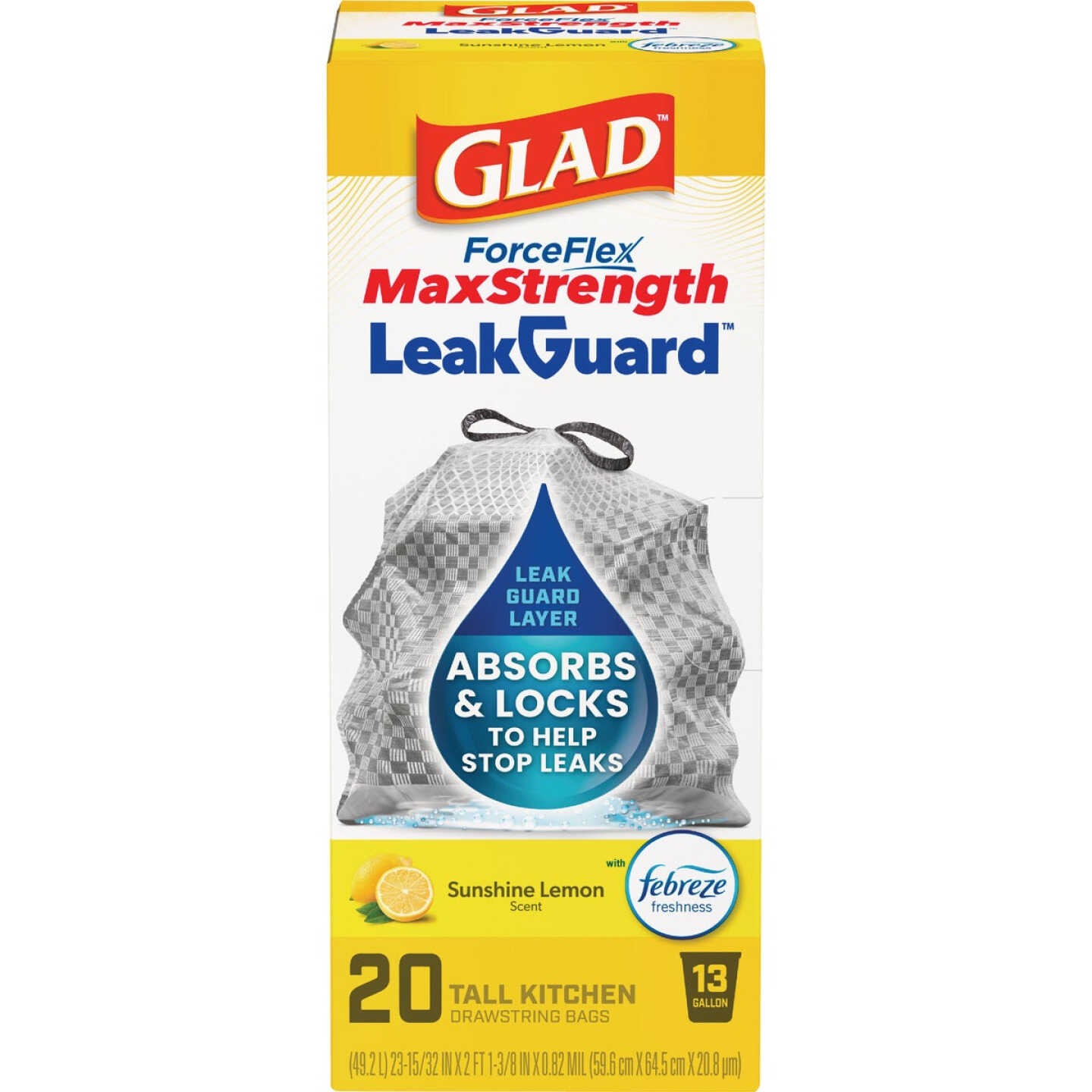 Glad 13 Gal. ForceFlex MaxStrength LeakGuard Tall Kitchen Drawstring Trash Bags, Sunshine Lemon Scent (20-Count) Image 1