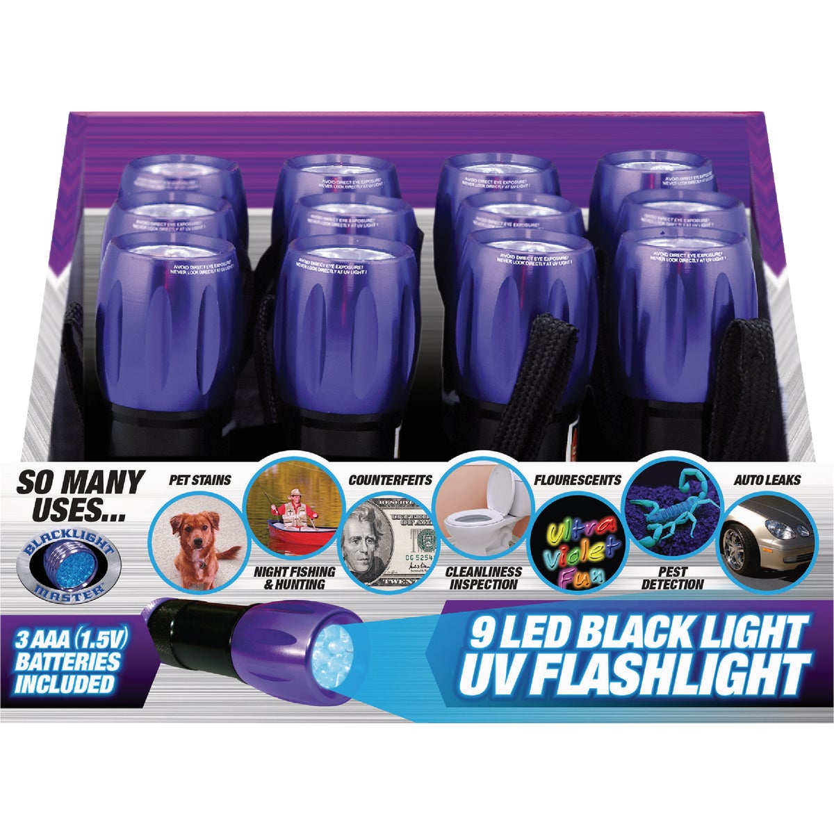 Blacklight Master 9 LED Black Light UV Flashlight Display (12-Count)