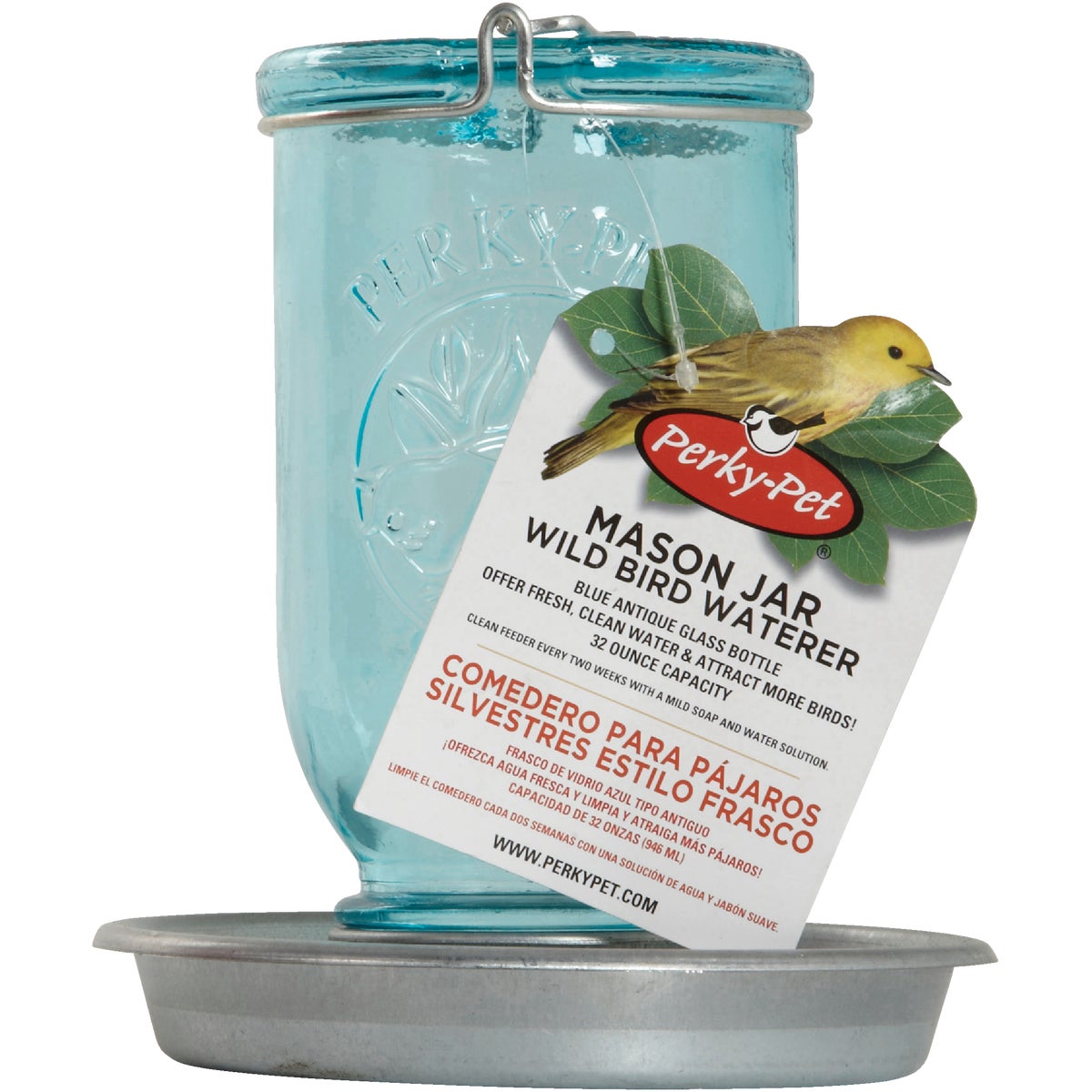 Perky-Pet 32 Oz. Blue Mason Jar Bird Waterer Image 2