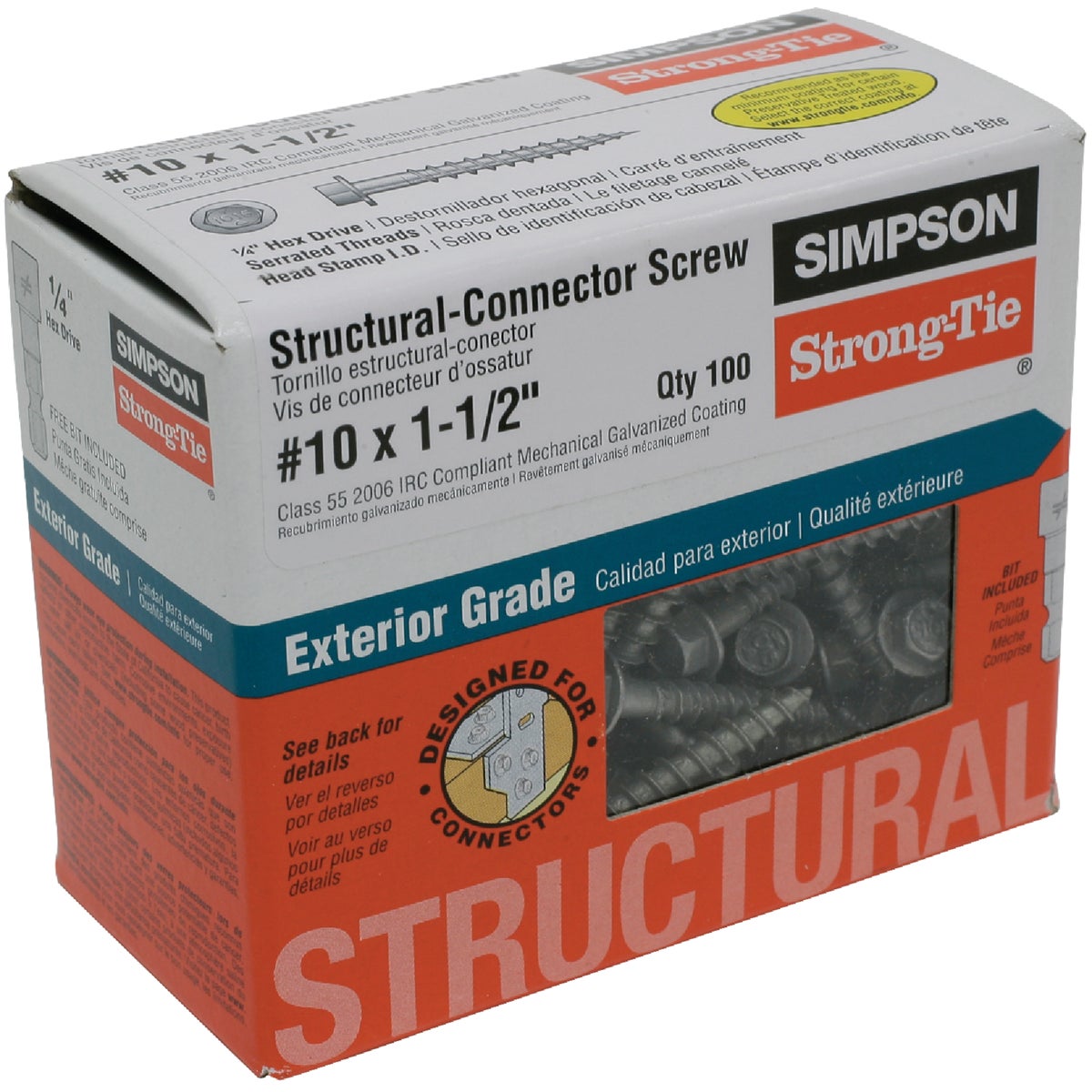 Simpson Strong-Tie Strong-Drive SD 1-1/2 In. x 10 ga Hex Drive Mechanically Galvanized Connector Screw (100-Count)
