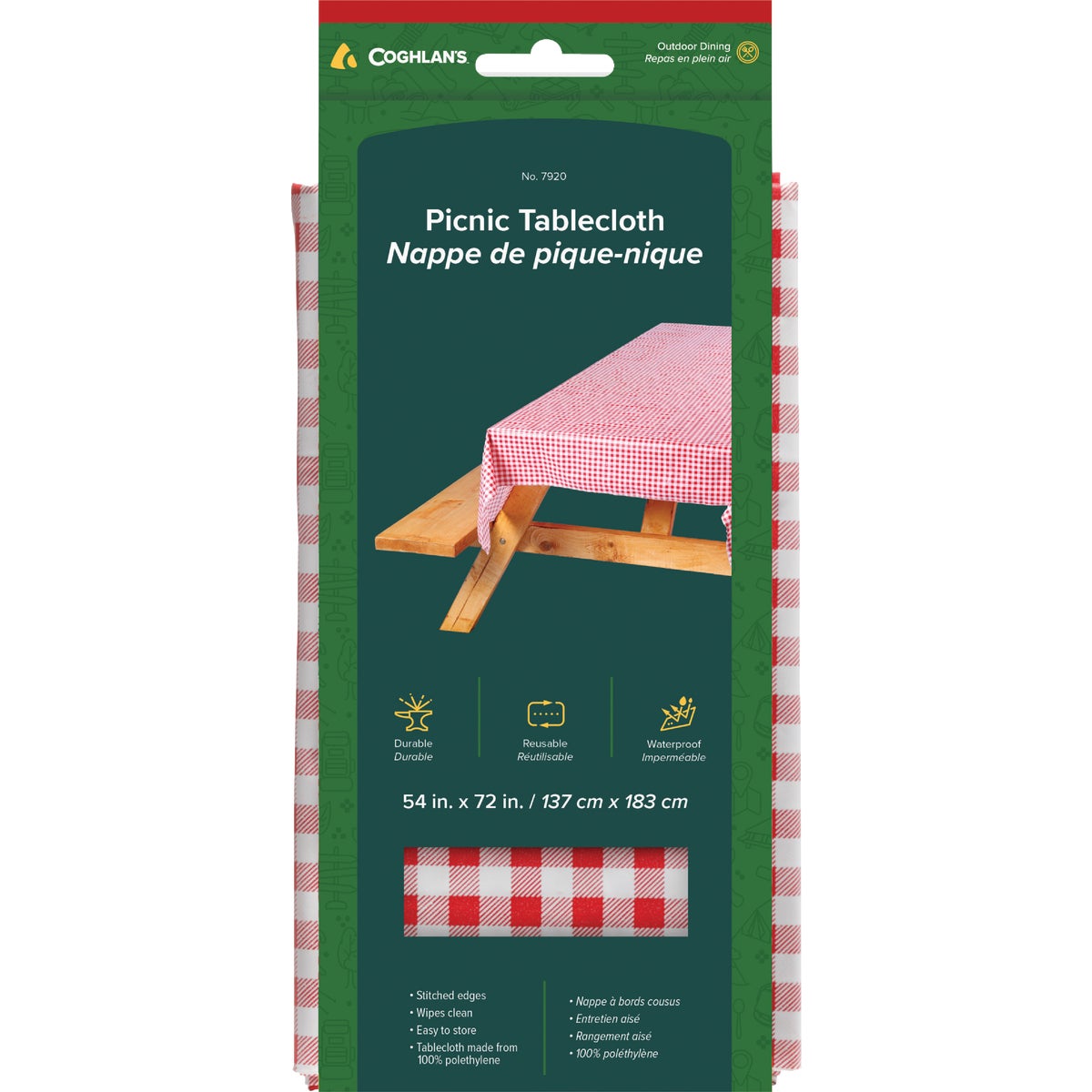 Coghlans 54 In. W. x 72 In. L. Red & White Plaid Vinyl Picnic Tablecloth