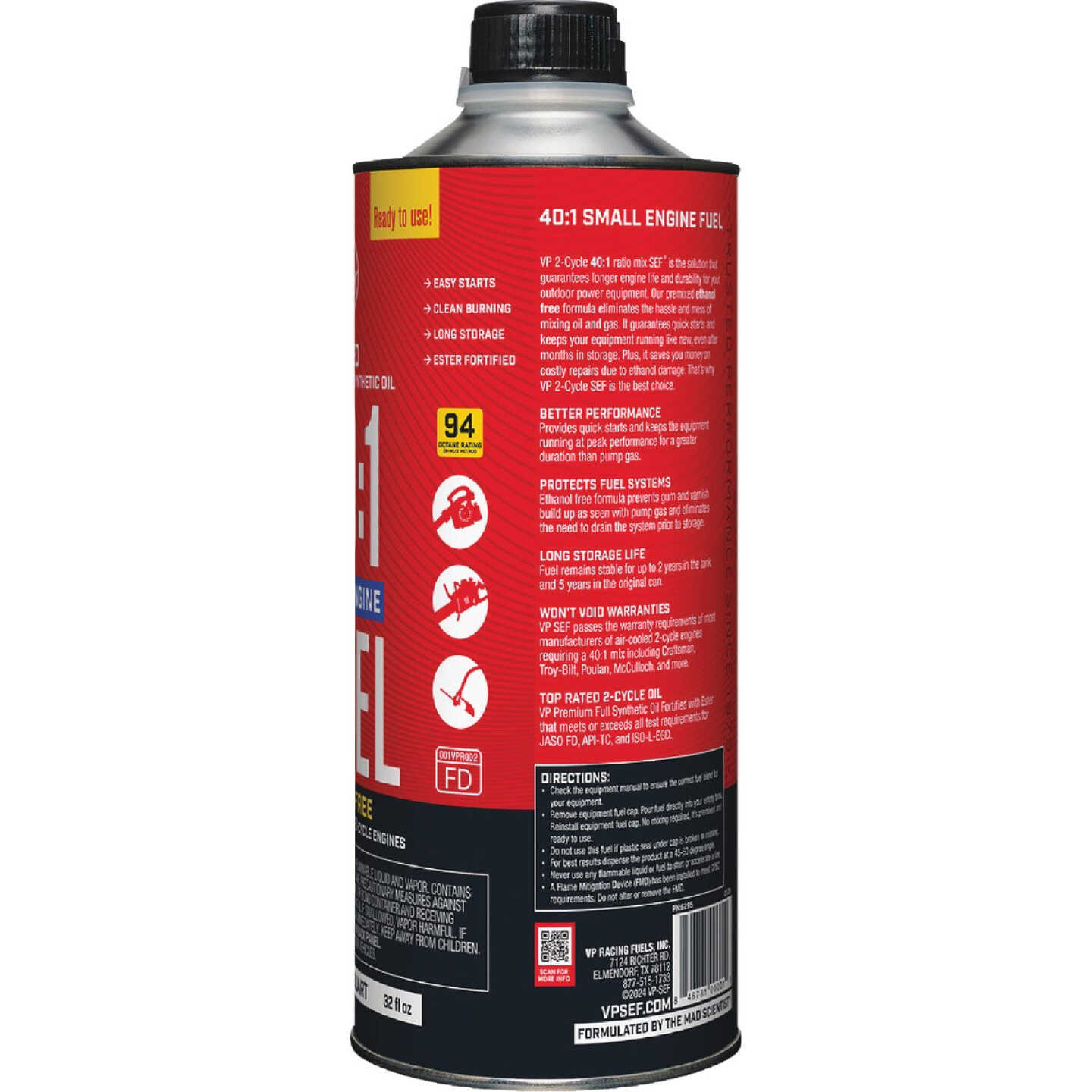 VP Racing Fuels 32 Oz. 40:1 Ethanol-Free Gas & Oil Pre-Mix Image 4