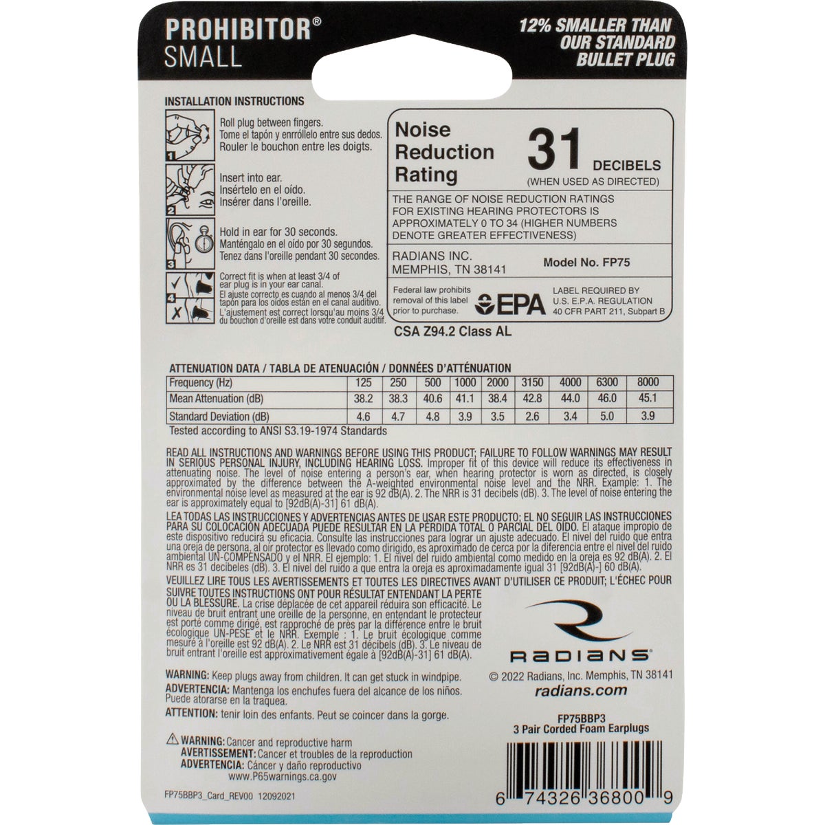 Radians Prohibitor Small Disposable Foam Corded Earplugs (3-Pack) Image 2