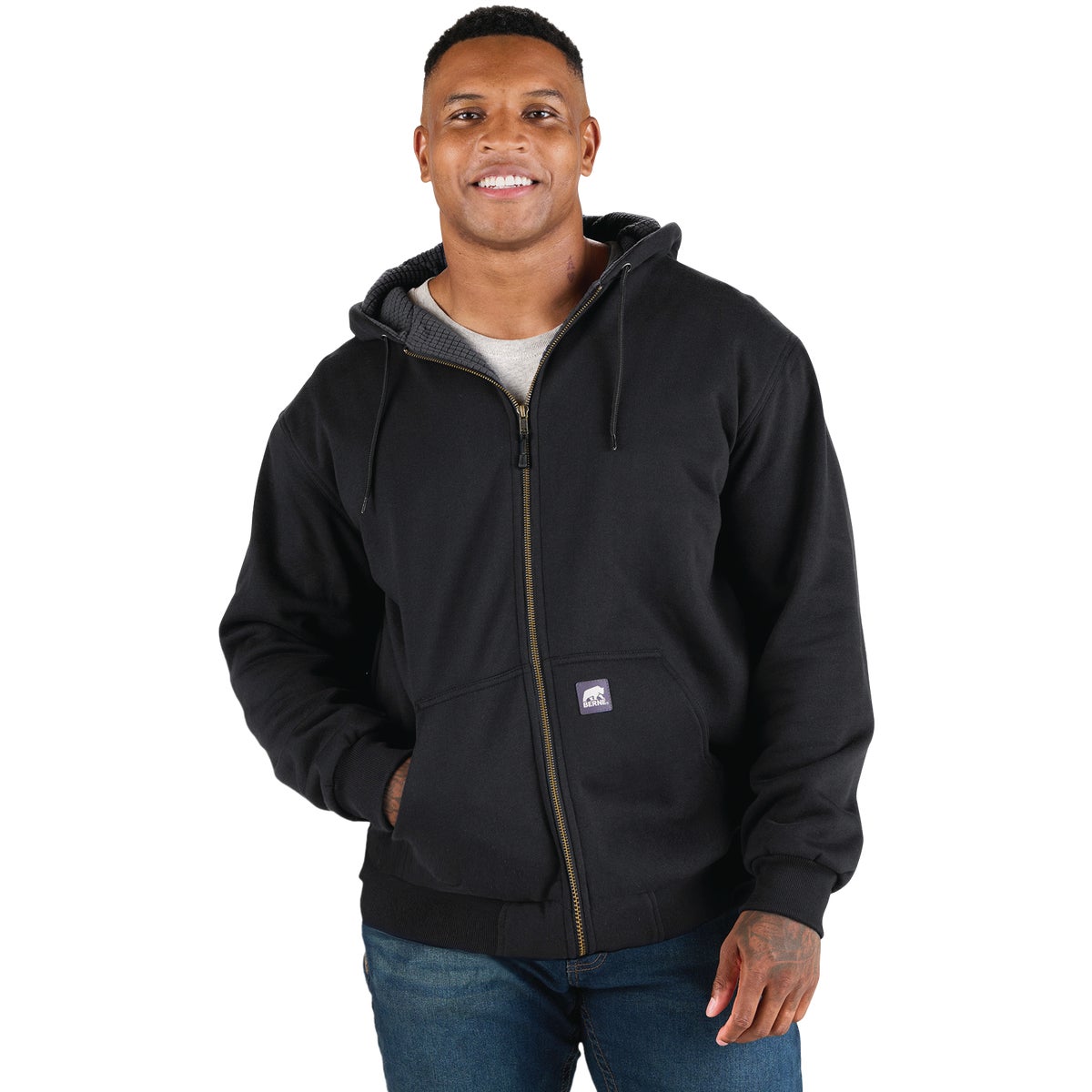 Berne Heritage Grid Large Black Fleece-Lined Full-Zip Hooded Sweatshirt