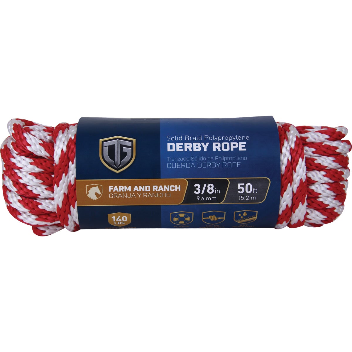 TruGuard 3/8 In. x 50 Ft. Red/White Solid Braid Polypropylene Derby Rope