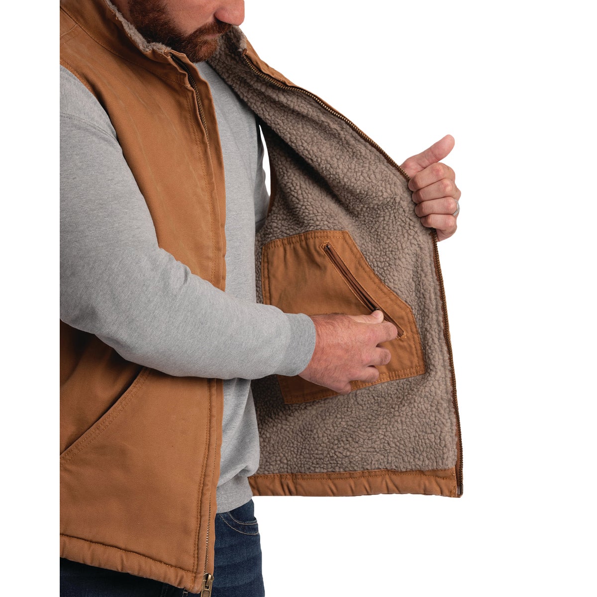 Berne Heartland Men's Large Brown Sherpa-Lined Washed Duck Vest Image 4