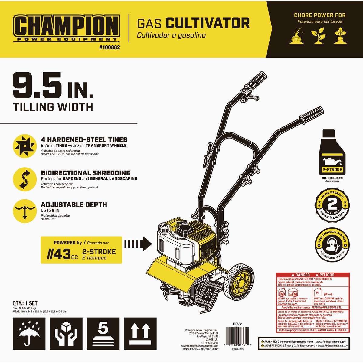 Champion 9.5 In. 43cc 2-Stroke Portable Gas Garden Tiller Cultivator Image 2