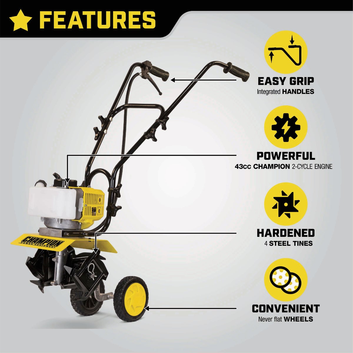 Champion 9.5 In. 43cc 2-Stroke Portable Gas Garden Tiller Cultivator Image 3