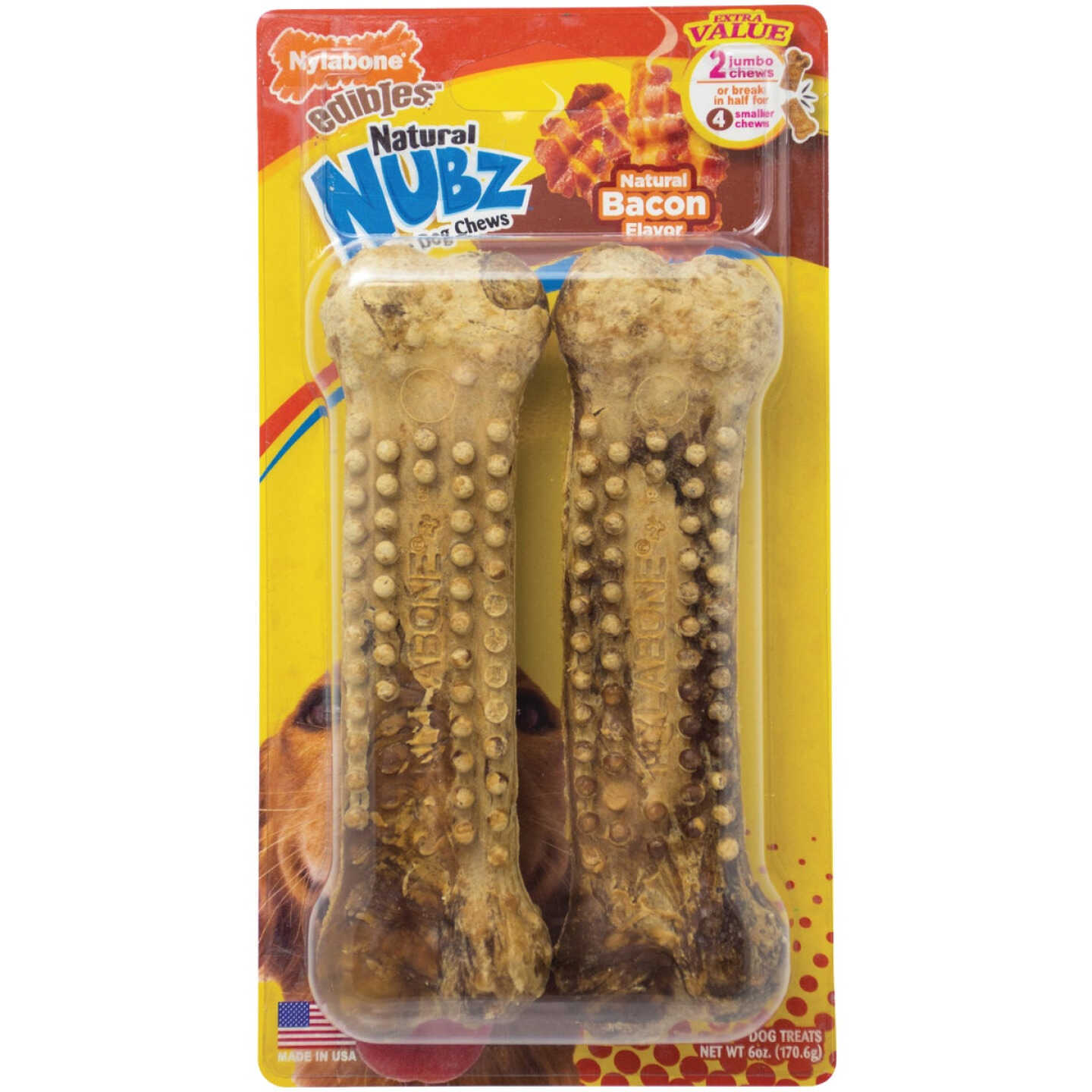 Nylabone Nubz Natural Long Lasting Edible Bacon Flavor XL Jumbo Dog Chews (2-Pack) Image 1