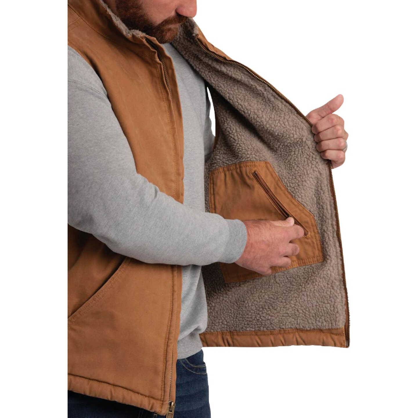 Berne Heartland Men's XL Brown Sherpa-Lined Washed Duck Vest Image 7