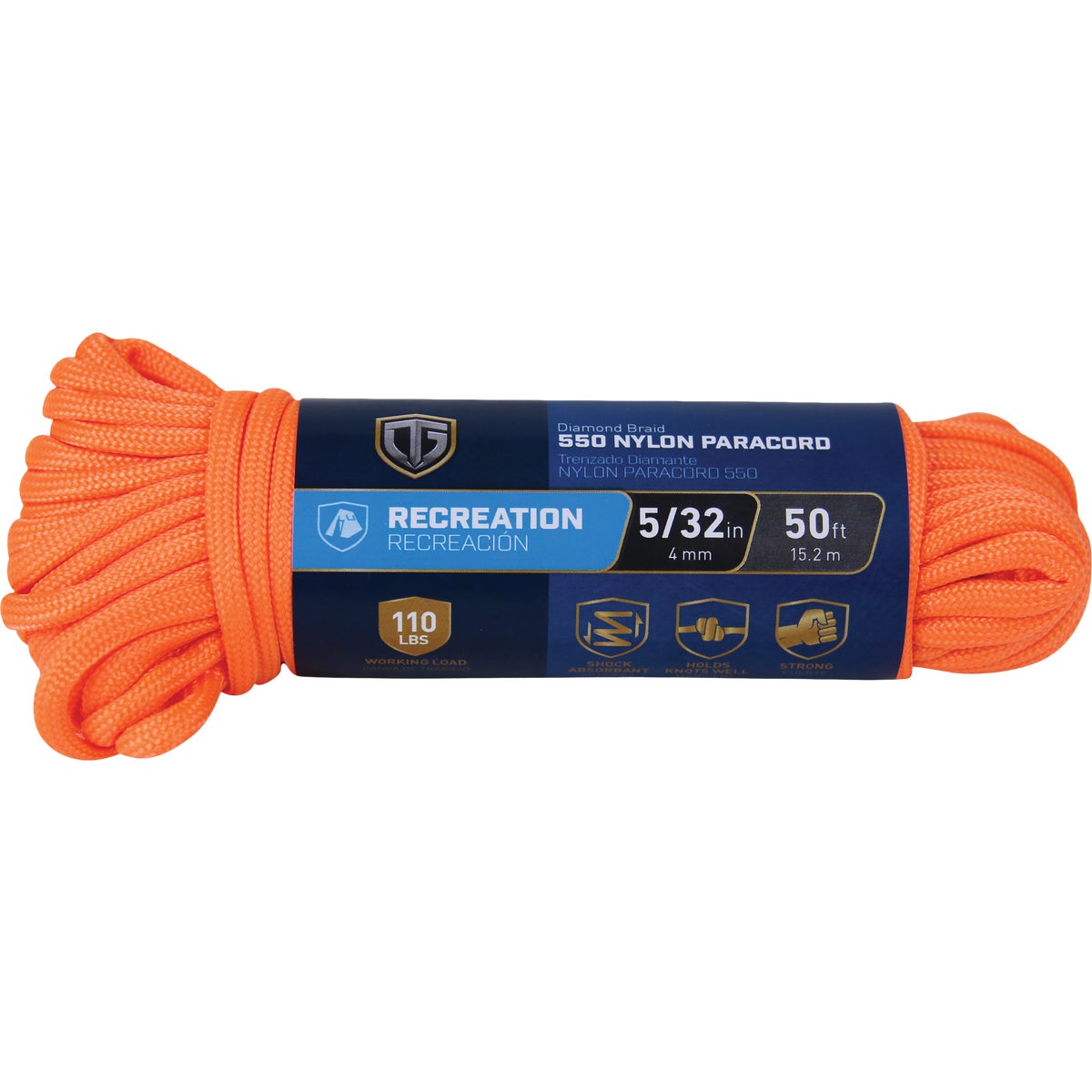 TruGuard 5/32 In. x 50 Ft. Orange Paracord 550 Diamond Braid Nylon Rope