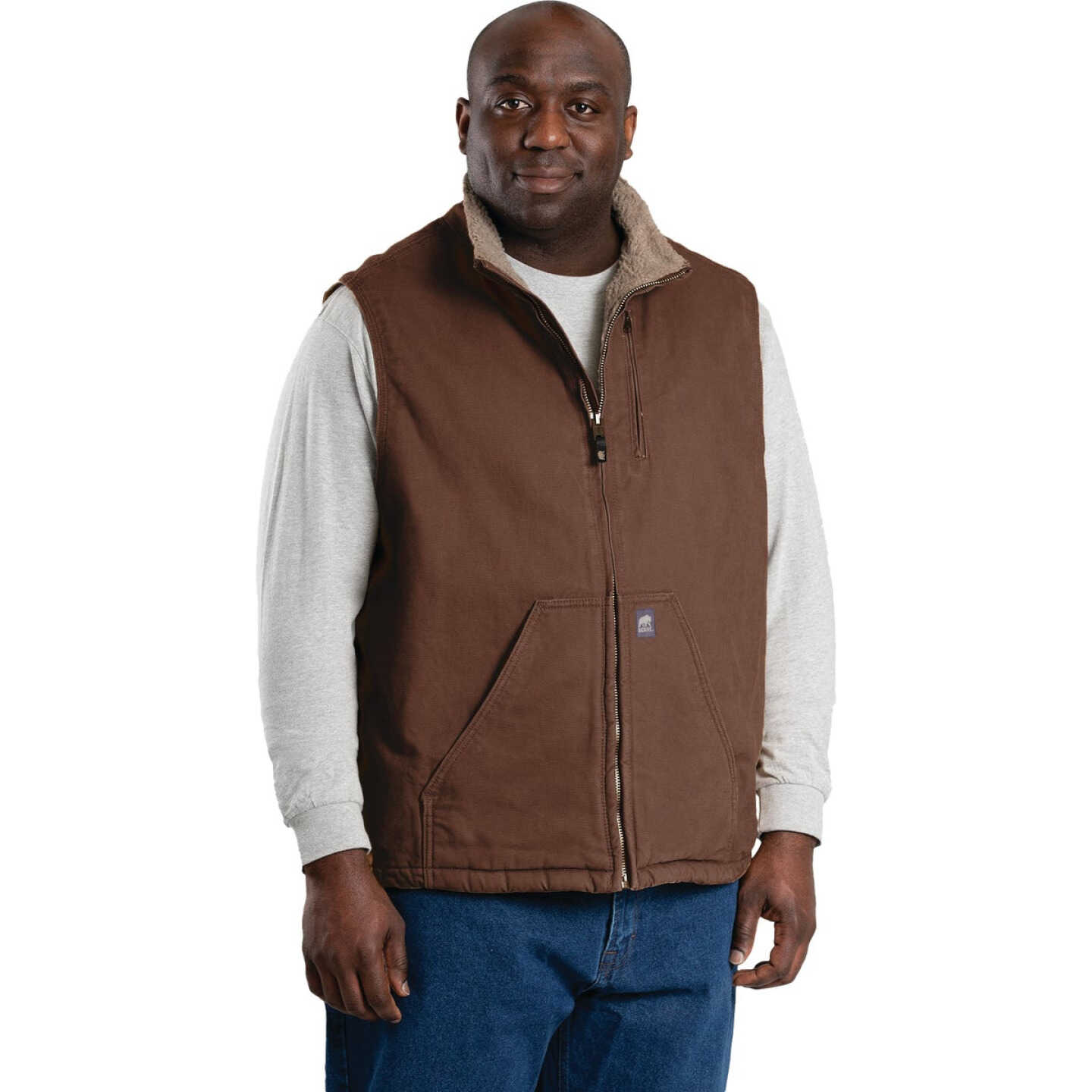 Berne Heartland Men's Medium Bark Sherpa-Lined Washed Duck Vest Image 4