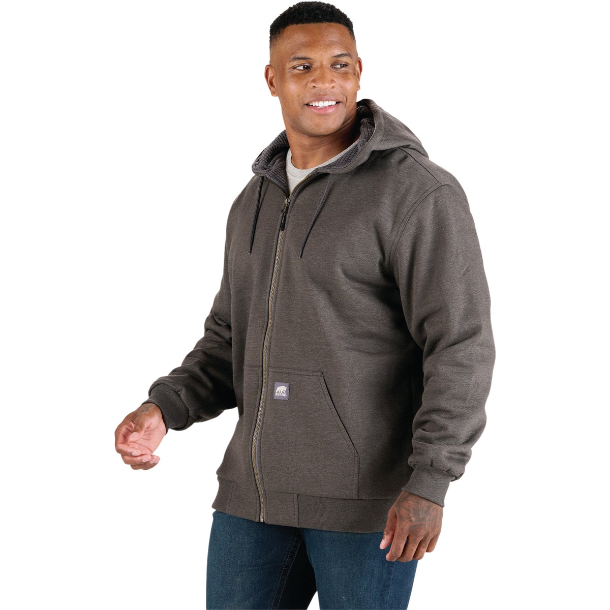 Berne Heritage Grid Medium Graphite Heather Fleece-Lined Full-Zip Hooded Sweatshirt