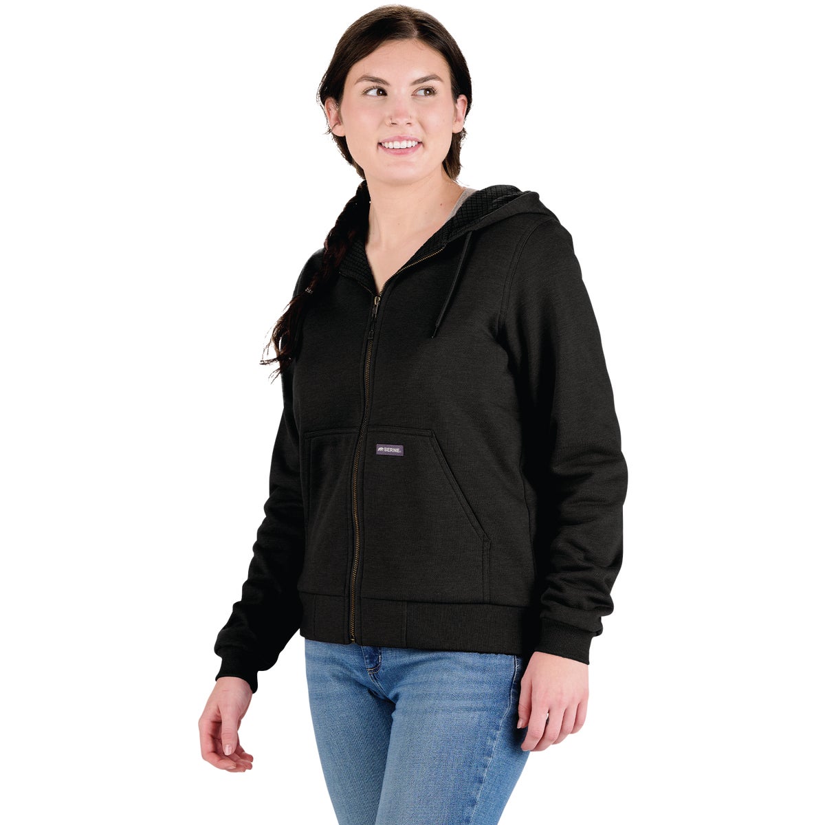 Berne Heritage Women's Small Black Grid Fleece-Lined Full-Zip Hooded Sweatshirt