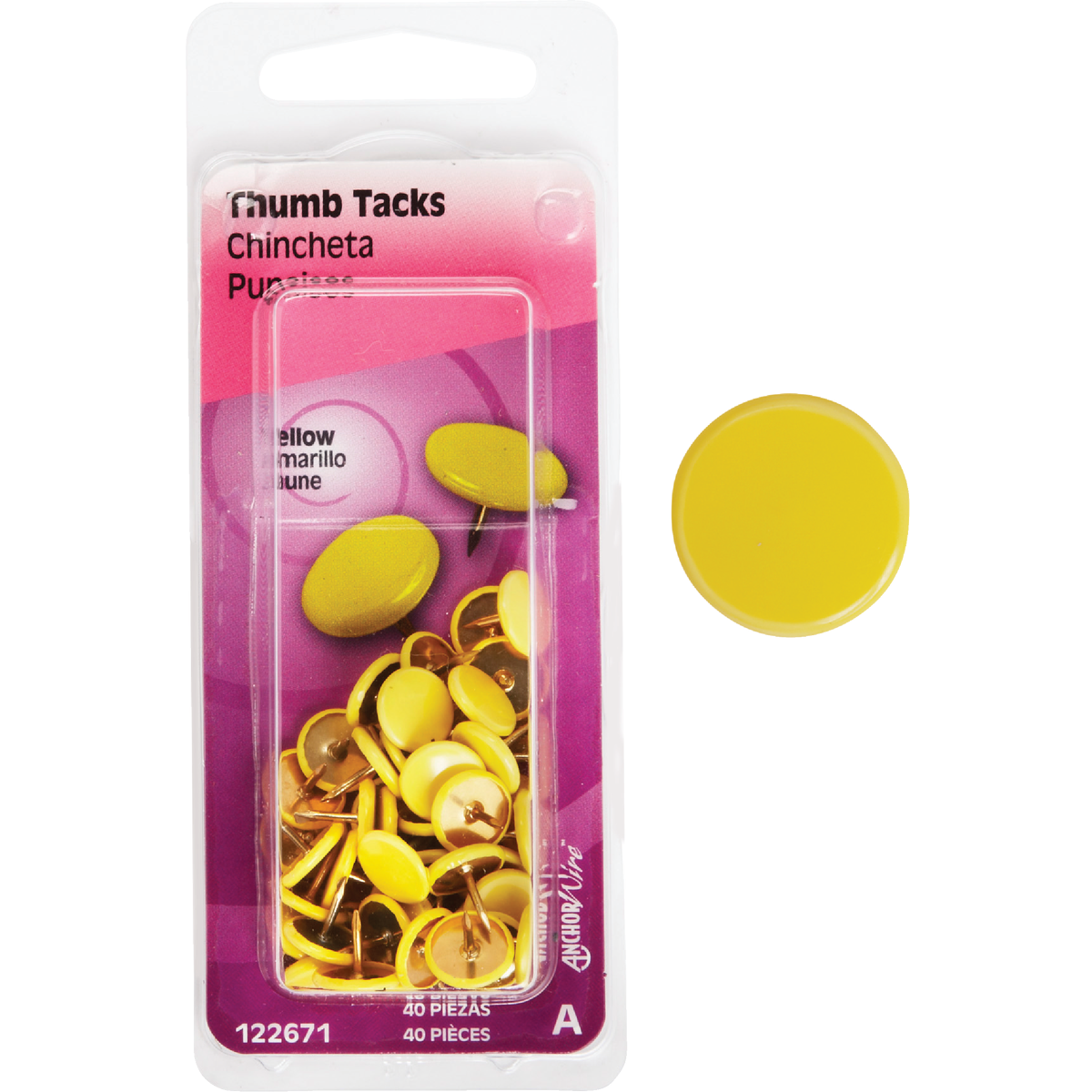 Hillman Anchor Wire Yellow 23/64 In. x 15/64 In. Thumb Tack (40-Count)