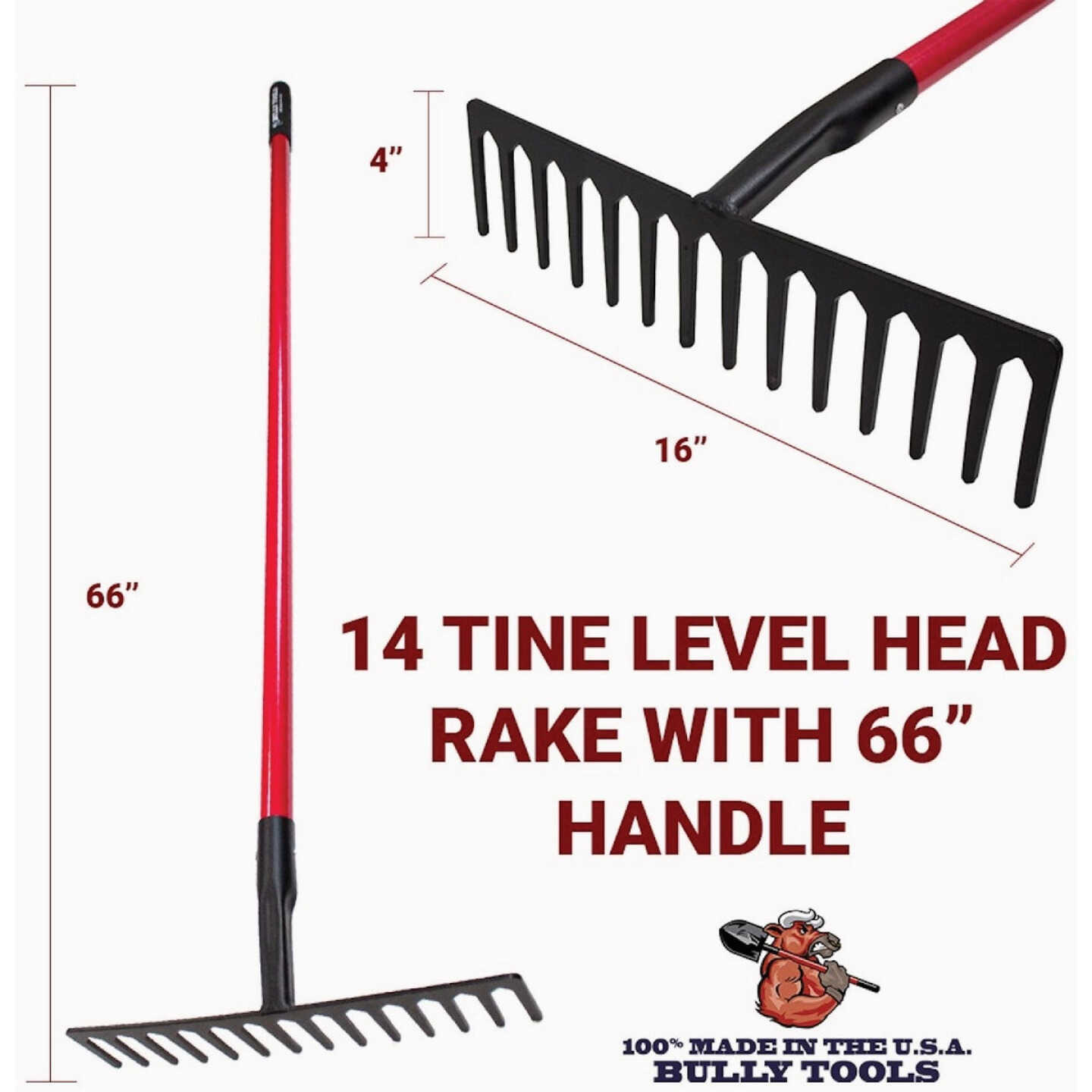 Bully Tools 16 In. Level Head Rake with 66 In. Fiberglass Handle Image 2