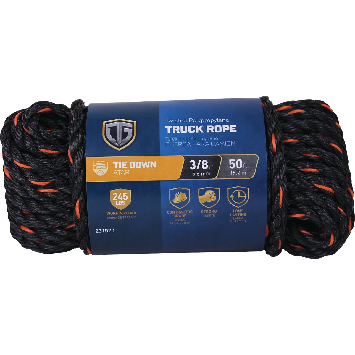 TruGuard 3/8 In. x 50 Ft. Black/Orange Twisted Polypropylene Truck Rope